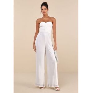 Lulus White Certainly Charming Pleated Wide Leg Strapless Jumpsuit, NWT, Large
